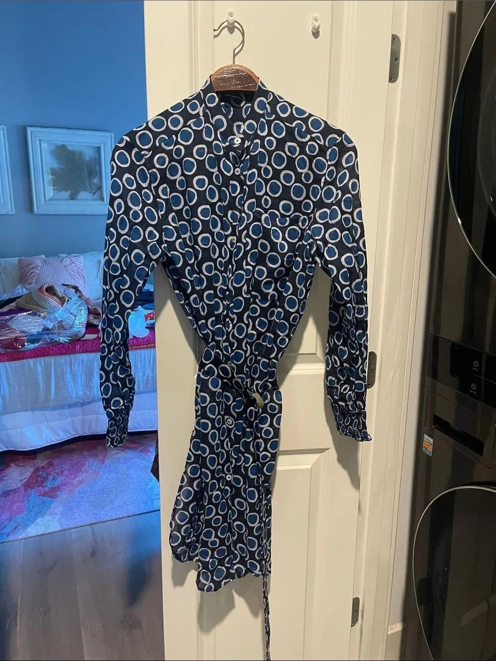 MaxMara Navy and White Circle-Print Long Sleeve cotton tunic